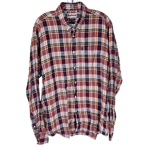 Barbour Tailored Fit Linen Shirt XL Red Plaid Preppy Coastal Lightweight Resort - Picture 1 of 11